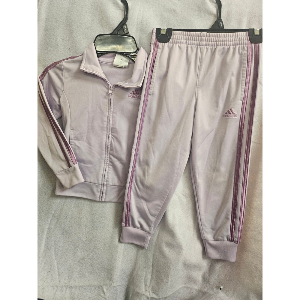 Adidas Girls 4T Lavender Purple Tracksuit Set Glitter Stripes Full Zip Joggers